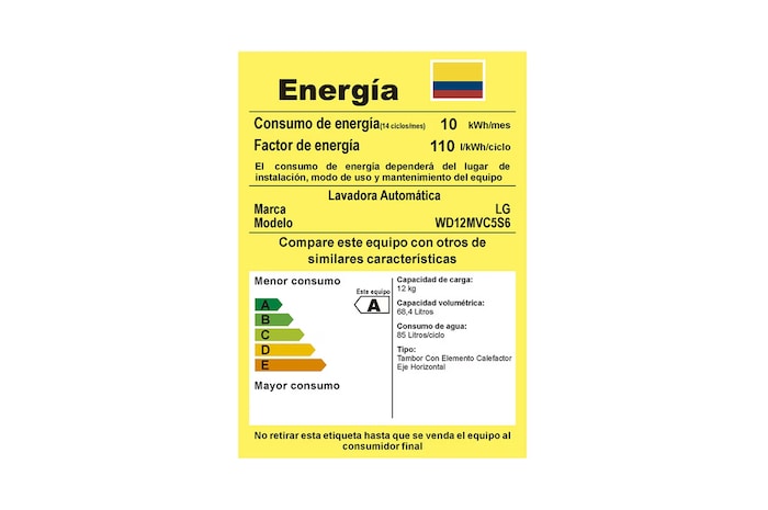 Etiqueta energética de la lavadora LG wd12mvc5s6.